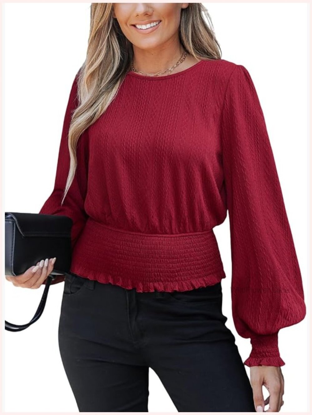 Crew Neck Frill Shirred Lantern Long Sleeve Blouse Work Top